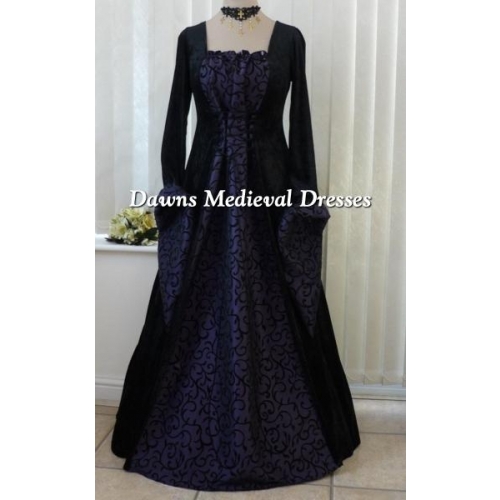 Whitby Goth Black and Purple Scroll Dress